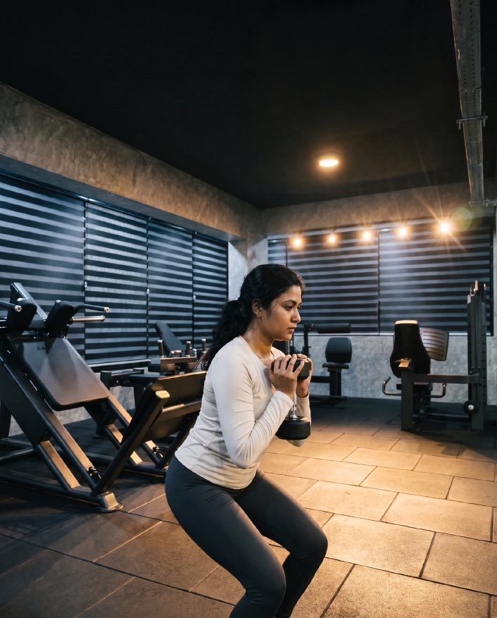 A woman doing a goblet squat on the Foxa strength floor
