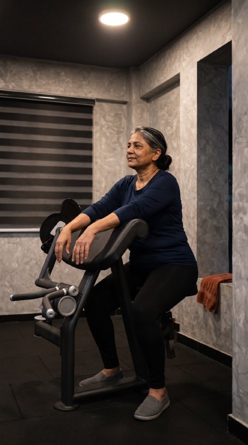 A woman resting between sets